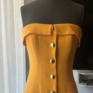 Elegant Strapless Mustard Dress with Gold Accents
